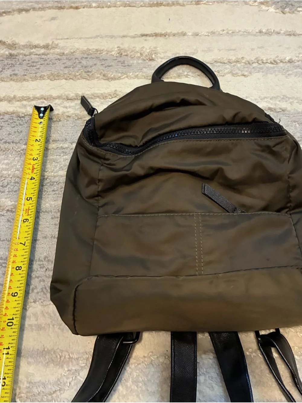 Mossimo Supply Co. nylon backpack olive green/brown. lightweight, leather straps